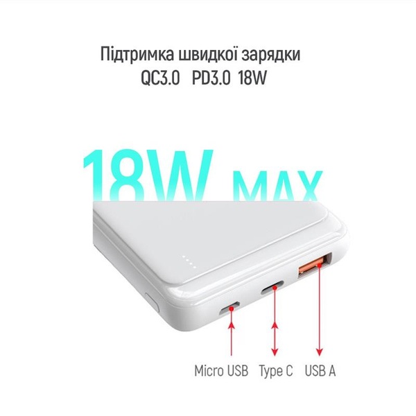 Універсальна мобільна батарея ColorWay Slim PD 10000mAh White (CW-PB100LPG3WT-PD) CW-PB100LPG3WT-PD фото
