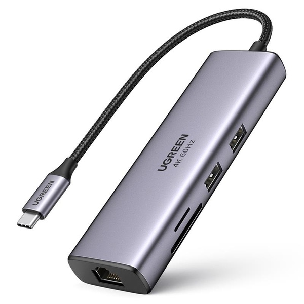 Концентратор USB Type-C Ugreen CM512 2xUSB 3.0 + HDMI + RJ45 1000M Ethernet + Cardreader, Gray (60515) 60515 фото